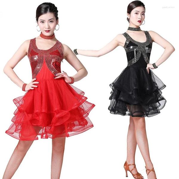 Abbigliamento da palco Tutu da donna Abiti da ballo Concorrenza Salsa Samba Abito con paillettes Set da 3 pezzi Abiti latini