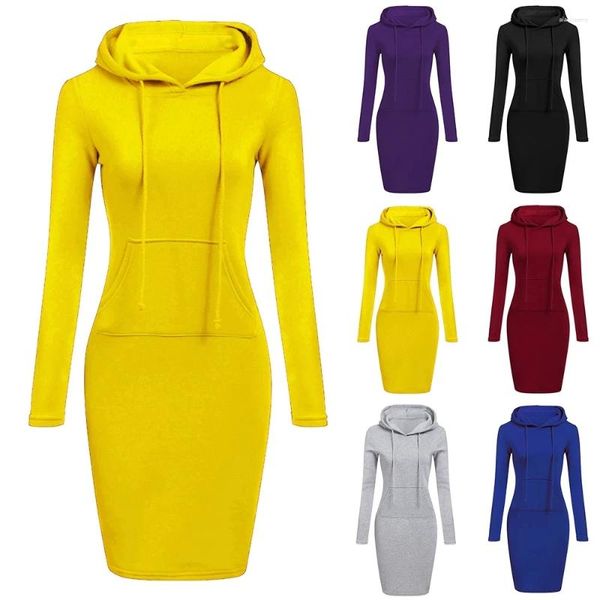 Casual Kleider Herbst Winter Warme Sweatshirt Lange-ärmeln Kleid Frau Kleidung Mit Kapuze Kragen Tasche Design Pullover Einfache 2024