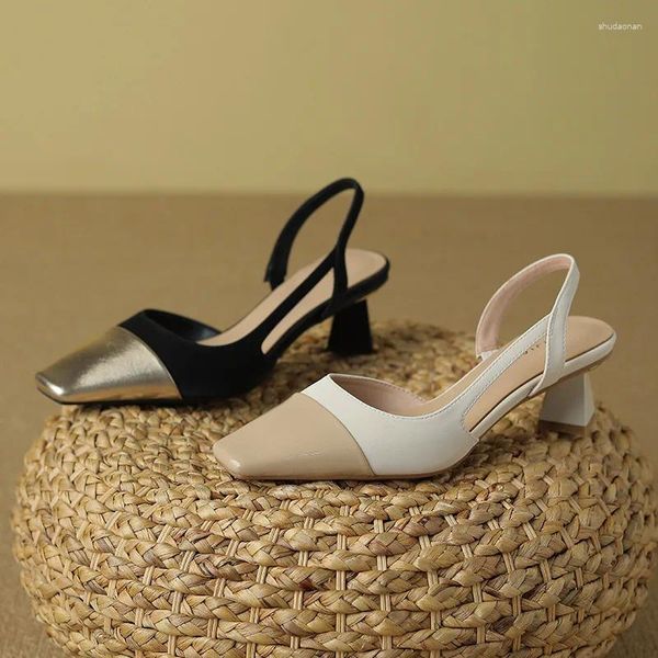 Sandálias Block Heel 5cm Mulheres Square Toe High Heels Shoes para senhora