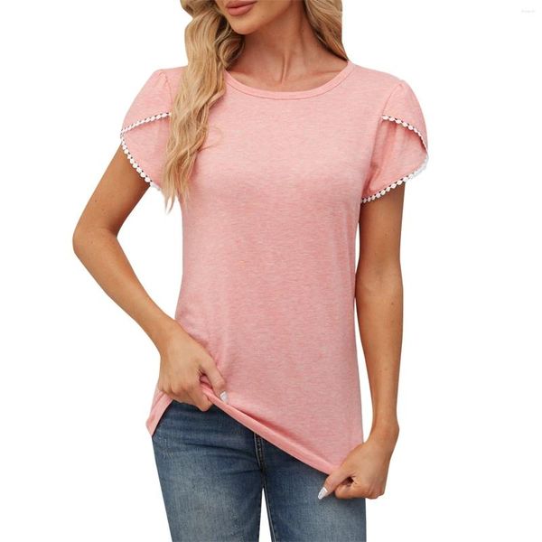 T-shirt da donna T-shirt da donna a maniche corte Top lavorato a maglia patchwork in pizzo tinta unita autunno primavera camicetta corta Y2k carino canotta