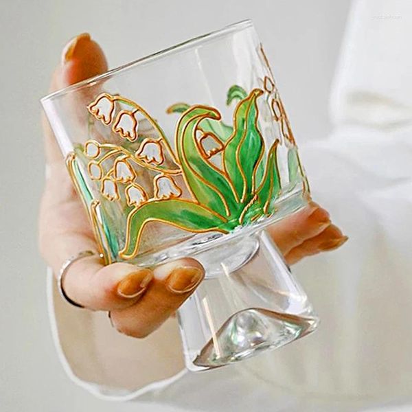 Bicchieri da vino Vintage Tulip Flower Stampa dipinta Coppa di cristallo Tazza di whisky con le gambe alte Regalo di compleanno trasparente Artigianato per il caffè