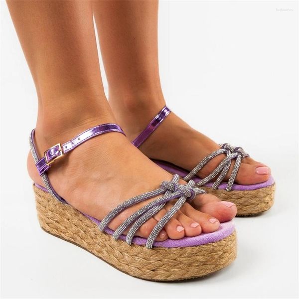 Espadrilles Sandalen Purpur Wildleder Sier Knotted Strasskeile Raffia Plattform Schnalle Sommerschuhe Custom Colors Leder für Frauen 7823