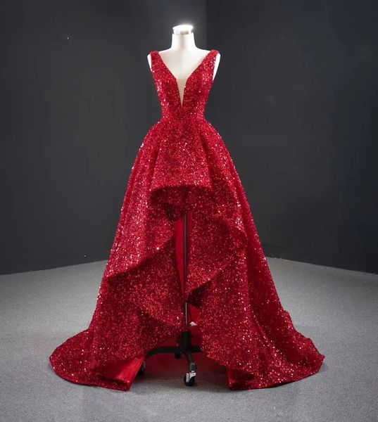 Rote Pailletten-Abendkleider für Frauen, elegante Porm-Kleider, lange, luxuriöse V-Ausschnitt-Partykleider, Smaragd-Hochzeit, Dubai 240125