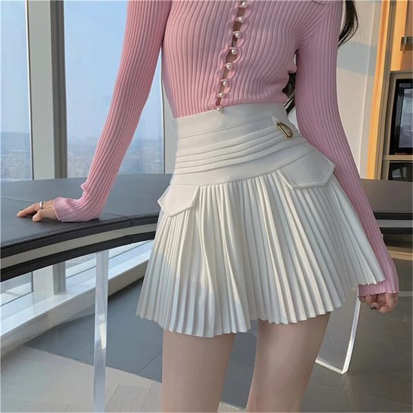 Estilo coreano feminino curto plissado busto saia verão casual cor sólida cintura alta mini saia streetwear simples a linha saia 240201