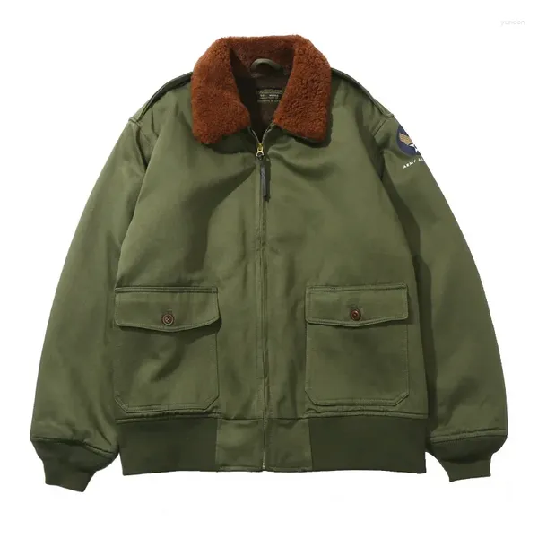 Av Ceketleri Kış Erkekler Vintage Bombacı Ceket Ordusu Yeşil Sıcak Kürk Yaka Polar Kırık Açık Hava Gevşek Gevşek Fermuarı Cepleri Erkek Pamuk