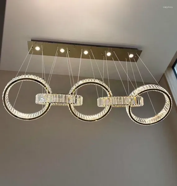 Avizeler Modern Lüks Restoran 5ring Crystal Led Chandelier Cafe Mutfak Adası Krom Çelik Asma Lamba Yemek Masası Uzun Aydınlatma