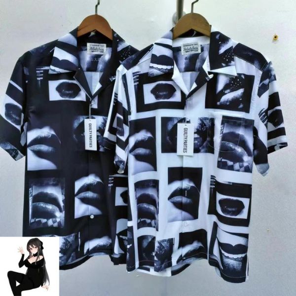 Camisas casuais masculinas multi lip print wacko maria preto branco curto para homens mulheres streetwear camisa solta roupas japão