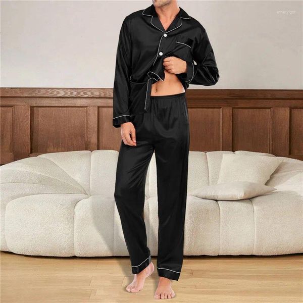 Homens sleepwear homens pijama conjuntos de cetim de seda para homem camisa de manga comprida moda masculina macia casa noite desgaste tamanho grande loungewear