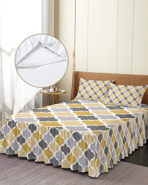 Bettrock, geometrisch, gelb, grau, Vintage-Stil, marokkanisch, elastische Tagesdecke mit Kissenbezügen, Matratzenbezug, Bettwäsche-Set, Bettlaken