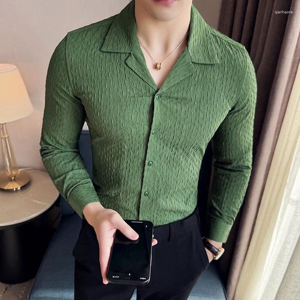 Camisas casuais masculinas 2024 primavera 3d listrado homens magro manga comprida vestido de negócios camisa sob medida colar social streetwear roupas