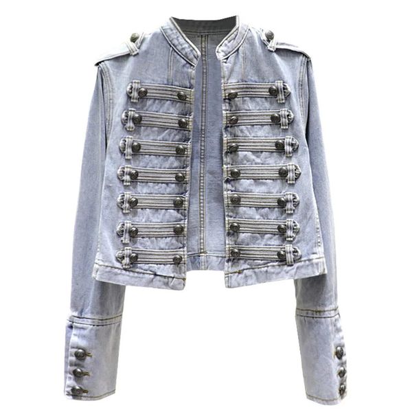 Retro estilo militar bonito gola denim jaquetas feminino doublebreasted selvagem magro curto denim jaquetas outerwear 240125