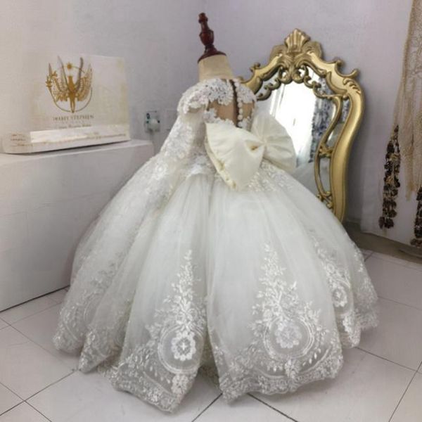 Elegante branco flor menina vestidos sheer pescoço inchado plissado em camadas tule vestidos de baile para meninas para o casamento apliques rendas frisado vestidos de noiva NF114