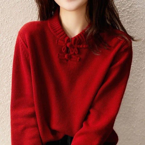 Ethnische Kleidung 2024 Chinesische Rote Top Button Up Pullover Gestrickte Pullover Frauen Lange Ärmel Herbst Winter Temperament Lose