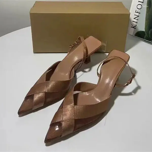 Модельные туфли 2024, женские коричневые туфли-лодочки на сетчатом каблуке с острым носком, летние элегантные офисные женские туфли с открытой пяткой, женские повседневные туфли на шпильке