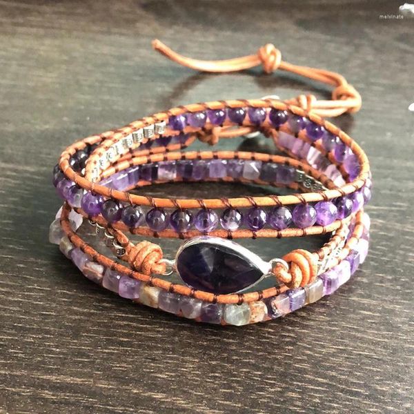 Braccialetti di collegamento Pietra naturale Bohe Ametista a forma di goccia Tre strati Viola intrecciato Giglio Perline Bracciale per le donne Ragazza Gioielli Regalo