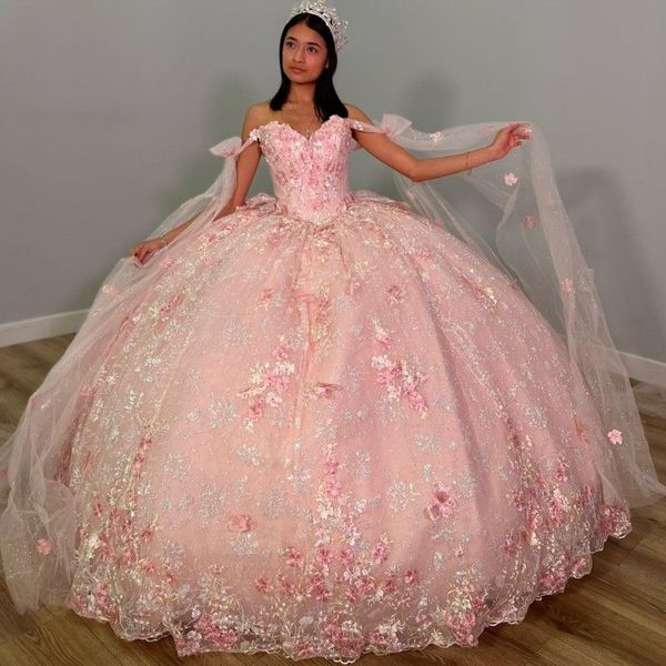 2024 sexy rosa quinceanera vestidos de baile fora do ombro querida rendas apliques contas de cristal flores inchado tule espartilho volta vestido de festa vestidos de noite de baile