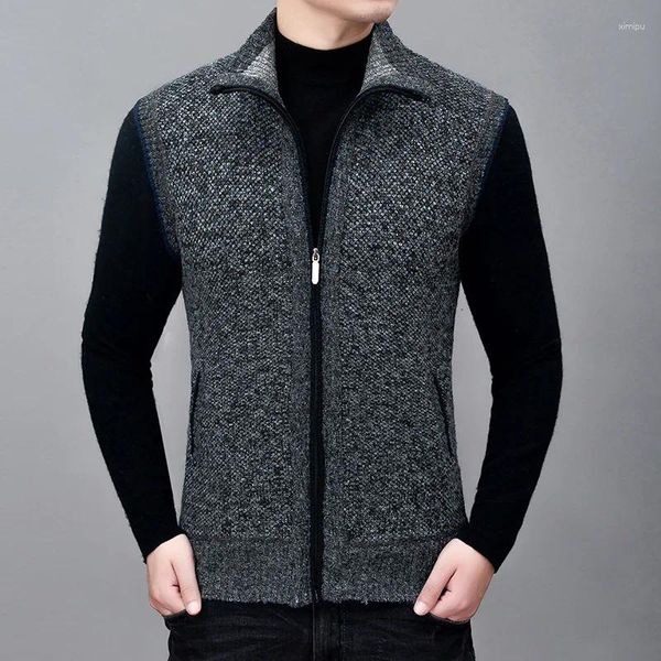 Gilet da uomo autunno e inverno tinta unita grande casual colletto ribaltabile cerniera giacca tasca con cucitura laterale con gilet in peluche