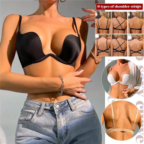 Sutiãs sexy push up sutiã para mulheres sem costas baixo corte mergulho sutiã aberto de volta roupa interior de casamento invisível sem costura profunda u lingerie