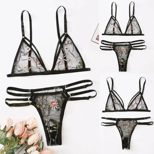 Damen Bademode BHs Sets Perspektive Spitze Blume Unterwäsche Set Sexy Up Bandage Nachtwäsche kühlende atmungsaktive BH Wäsche für Frau