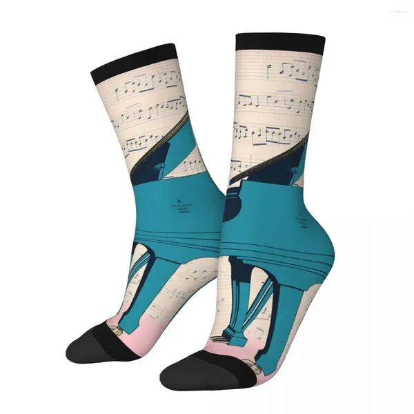 Мужские носки в стиле хип-хоп, винтажные носки с котенком, играющим на фортепиано, сумасшедшая компрессия, унисекс, интересные ноты, носки с узором в стиле Харадзюку