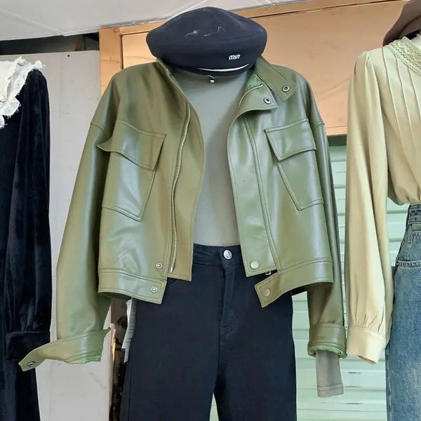 Зеленое кожаное пальто, весенне-осенняя мотоциклетная кожаная куртка, женское короткое модное кожаное пальто из искусственной кожи 240125