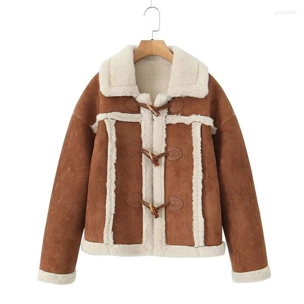 Damenjacken YENKYE Winter Frauen Retro Horn Knopf Faux Wildleder Lammwolle Jacke Mantel Langarm Revers Kragen Weibliche Warme Oberbekleidung