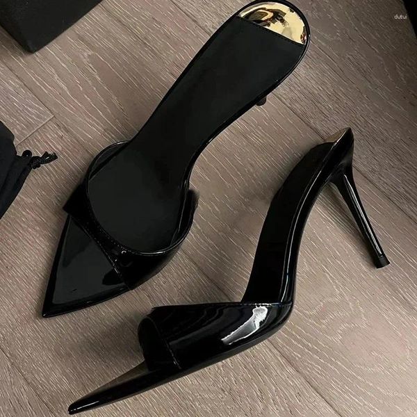 Terlik Seksi Yüksek Topuklu Patent Deri Stiletto Yarı Saçlı Açık Ayak Tip Strappy Sandalet Kadın Ayakkabı Sandalyas Mujer Verano