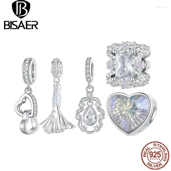 Pietre preziose sciolte BISAER 925 Sterling Silver Shining Heart Rose Charm Bead Abito da sposa Anello Ciondolo adatto per San Valentino Bracciale Fine