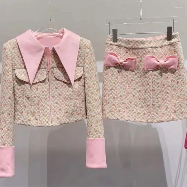 Jaquetas femininas rosa turn down colarinho curto tweed casaco e saia twinset 2 peças vestido terno sml