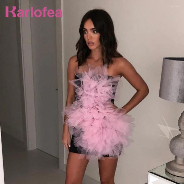 Lässige Kleider Karlofea Weibliche Schöne Hochzeit Promi Party Kleid Schwarz mit rosa Tüll Rüschen trägerlos, figurbetont Mini zwei Schichten