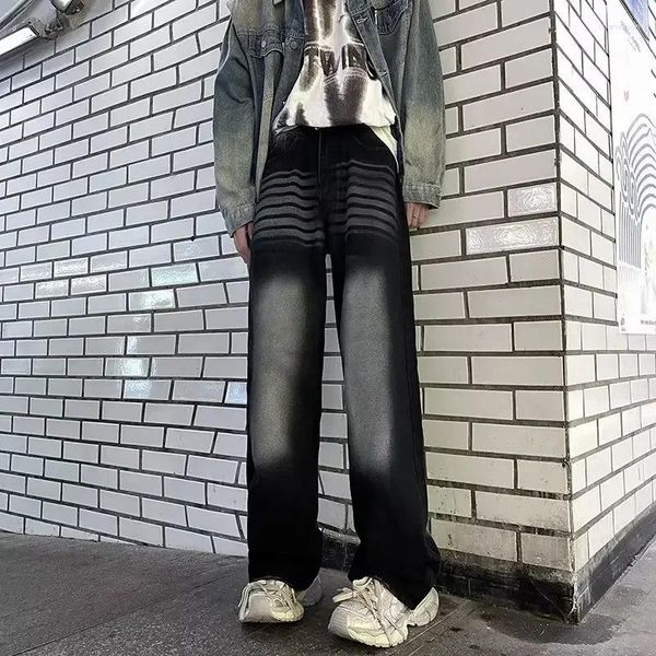 Jeans masculinos y2k streetwear listrado lavado preto baggy calças para homens roupas retas mulheres perna larga calças compridas pantaloni uomo