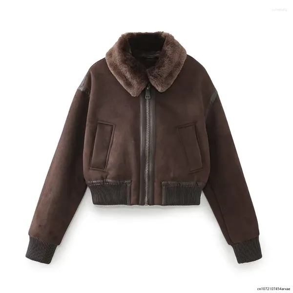 Женские куртки 2024, осенняя одежда в европейском и американском стиле, двухсторонняя овечья шерсть, короткая утолщенная флисовая куртка из оленьей кожи, пальто