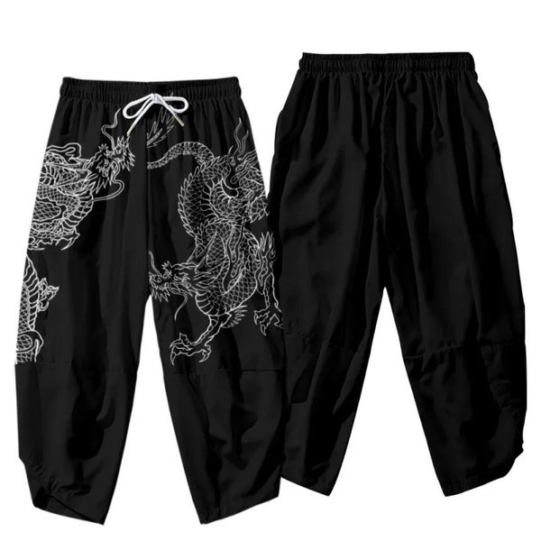 Cartoon Chinesischer Drache Gedruckt Schwarze Männer Japanische Haremshose Lässige Elastische Taille Kimono Abgeschnittene Hose Streetwear 240126