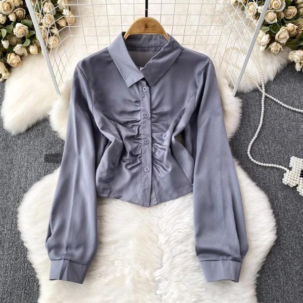 Damenblusen, Vintage-Hemden für Damen, modisch, Umlegekragen, lange Puffärmel, Falten, Revers, einzelne Bluse, Herbst, vielseitige Oberteile