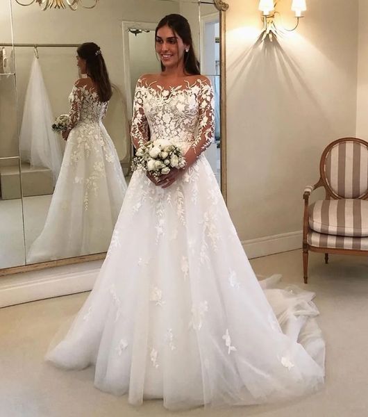 Abiti da sposa Abiti da sposa Formale A Line O-Collo Manica lunga Applique Perline Tulle Bianco Avorio Cerniera personalizzata Allacciatura Taglie forti