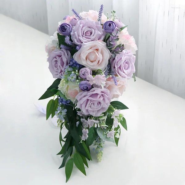 Matrimonio Fiori Cascata Viola Finta Rosa Flores Bouquet da sposa Titolare artificiale Bouquet De Mariage Party