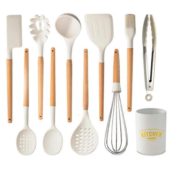 Conjunto de utensílios de cozinha de silicone de alta qualidade panelas resistentes a altas temperaturas antiaderente alça de madeira ferramentas de cozimento de silicone 240130