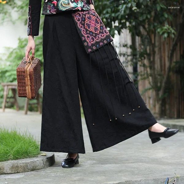 Этническая одежда в национальном стиле, винтажные брюки в стиле Харадзюку, повседневные черные хлопковые и льняные женские широкие брюки с вышивкой, пэчворк с кисточками