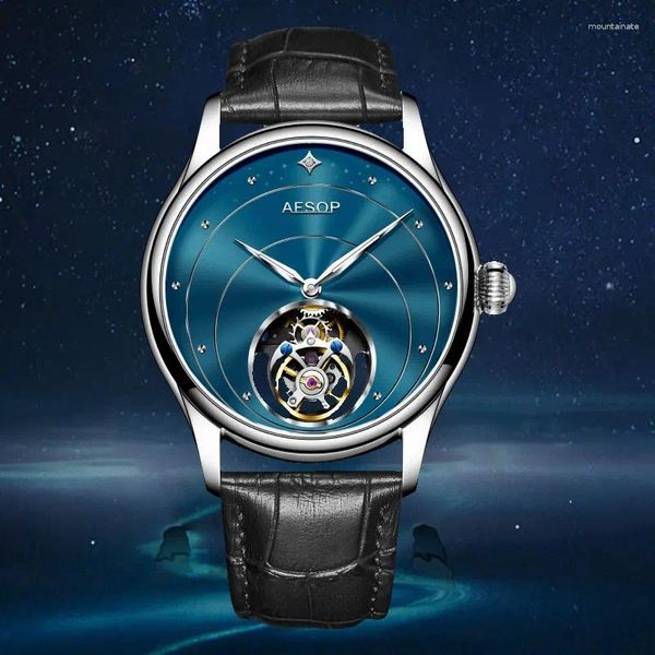 Armbanduhren AESOP Flying Tourbillon Skeleton Uhren für Männer Hohl Saphir Wasserdicht Natürliche Diamanten Mechanische Männliche Uhren