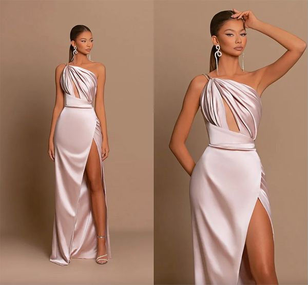 Blush rosa vestidos de dama de honra 2024 novo sexy espaguete um ombro dividir vestidos de baile de noite longo feminino ocasião usa