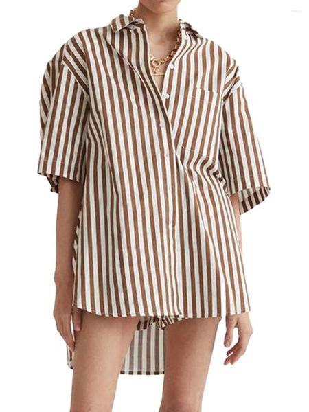 Женская одежда для сна, женский пижамный комплект, полосатая рубашка с короткими рукавами и пуговицами, шорты, повседневная одежда для дома