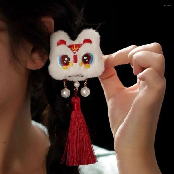 Haarschmuck Stickerei Kinder Rote Haarnadel Quaste Löwe Tanz Hanfu Sticks Tang Anzug Clip Tuch Chinesisches Jahr Kopfbedeckung