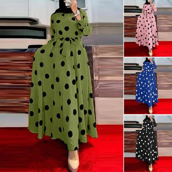 Vestidos casuais mulheres vestido de ponto vintage-inspirado maxi feminino com polka impressão manga longa com cinto de cintura alta tornozelo comprimento para queda