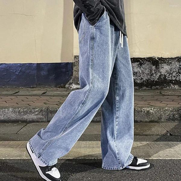 Männer Jeans Koreanische Mode Baggy Elastische Taille Klassische Olid Farbe Gerade-bein Denim Breite bein Hosen Männlich Hellblau grau