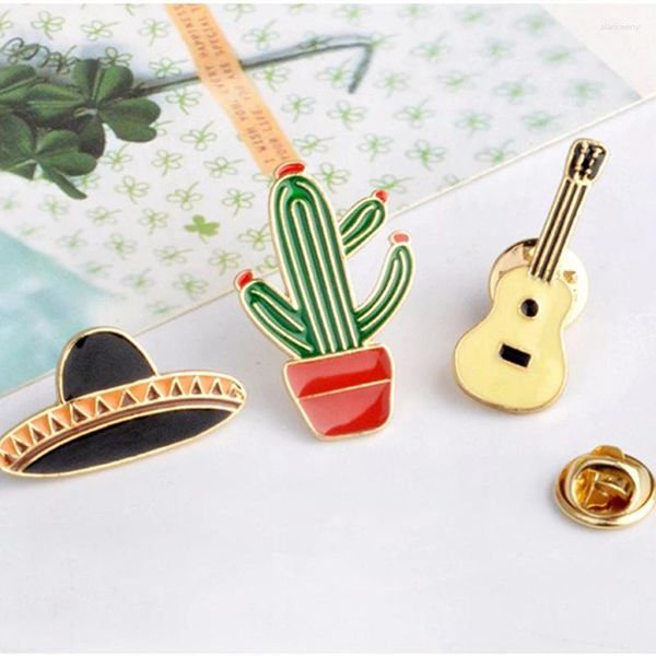 Broches chapéu de cowboy guitarra esmalte pino mexicano cactus emblema emblemas de metal na mochila denim roupas jóias acessórios presente atacado