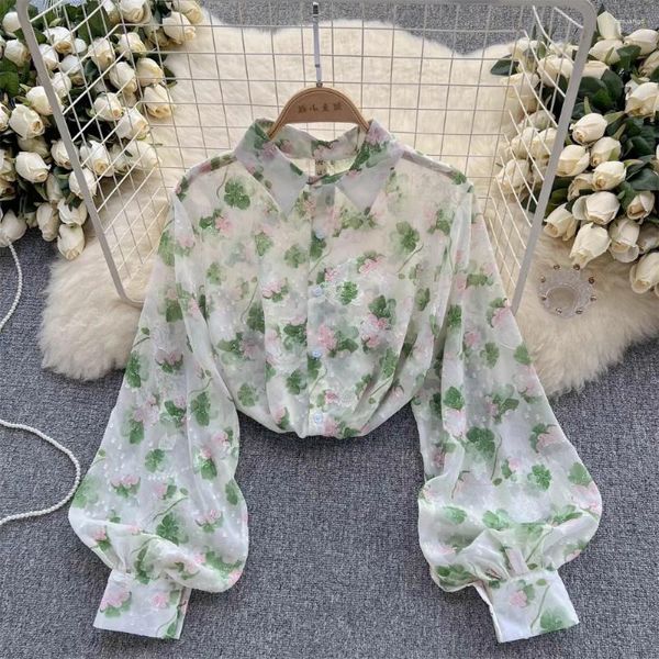 Kadınlar Blouses Chiffon Bluz Kadınlar için Çiçek Nakış Dönüşü Kapalı Yaka Tek Uzun Puflu Kılıf Sonbahar Şık Bayan Tops Daml