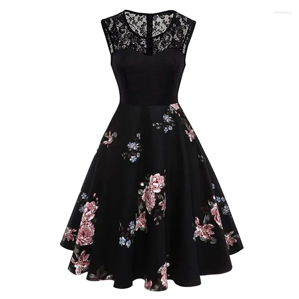 Vestidos casuais uma linha peônia flor vintage vestido mulheres retalhos senhoras escritório ol contraste renda elegante retro festa preto verão