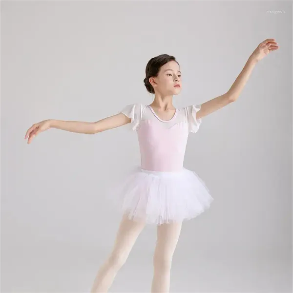 Bühnenkleidung Mode Hohe Qualität Kinder Mädchen Kinder Kind Tanzpraxis Weiche Baumwolle Spandex Mesh Sleeve Ballett Trikots mit Futter