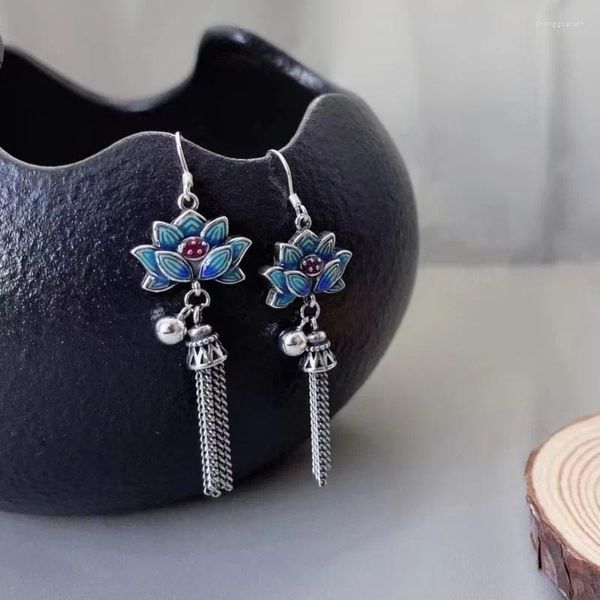 Baumelnde Ohrringe Cloisonne Emaille Rosa Lotusblume Quaste Kleine Glocke Thai Silber 925 Für Frauen Ethnischer Stil Lange Ohrringe Retro Schmuck