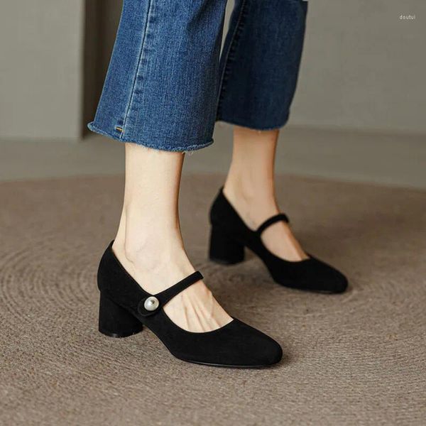 Модельные туфли Phoentin 2024, женские черные детские замшевые туфли в стиле ретро с круглым носком и пряжкой и ремешком, элегантные женские туфли на высоком каблуке Мэри Джейн для вечеринок FT3252